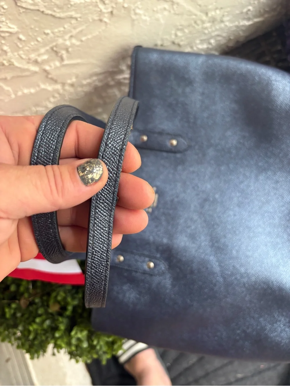 Coach navy blue/denim/metallic Leather Tote with silver logo Accent